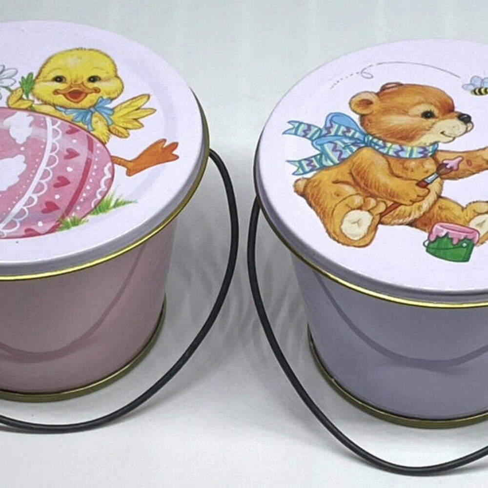 Tin Easter Treatβ Mini Bucket with Lid Litho Vintage 1987 Abbey Press Set of 2